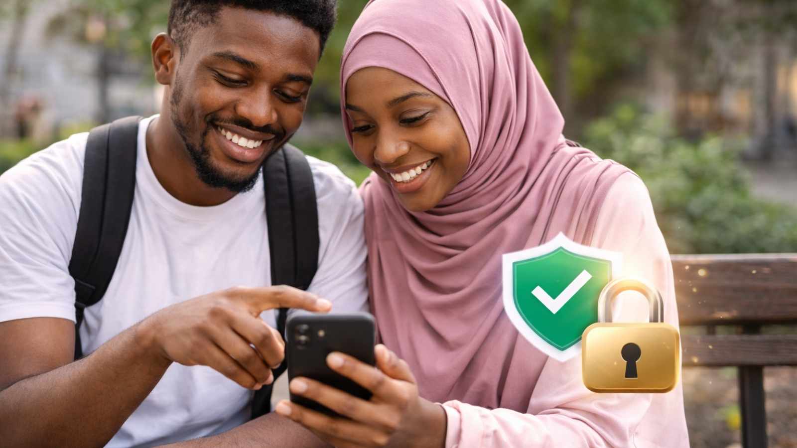 Students using a phone with a security shield that represents protected housing payments.