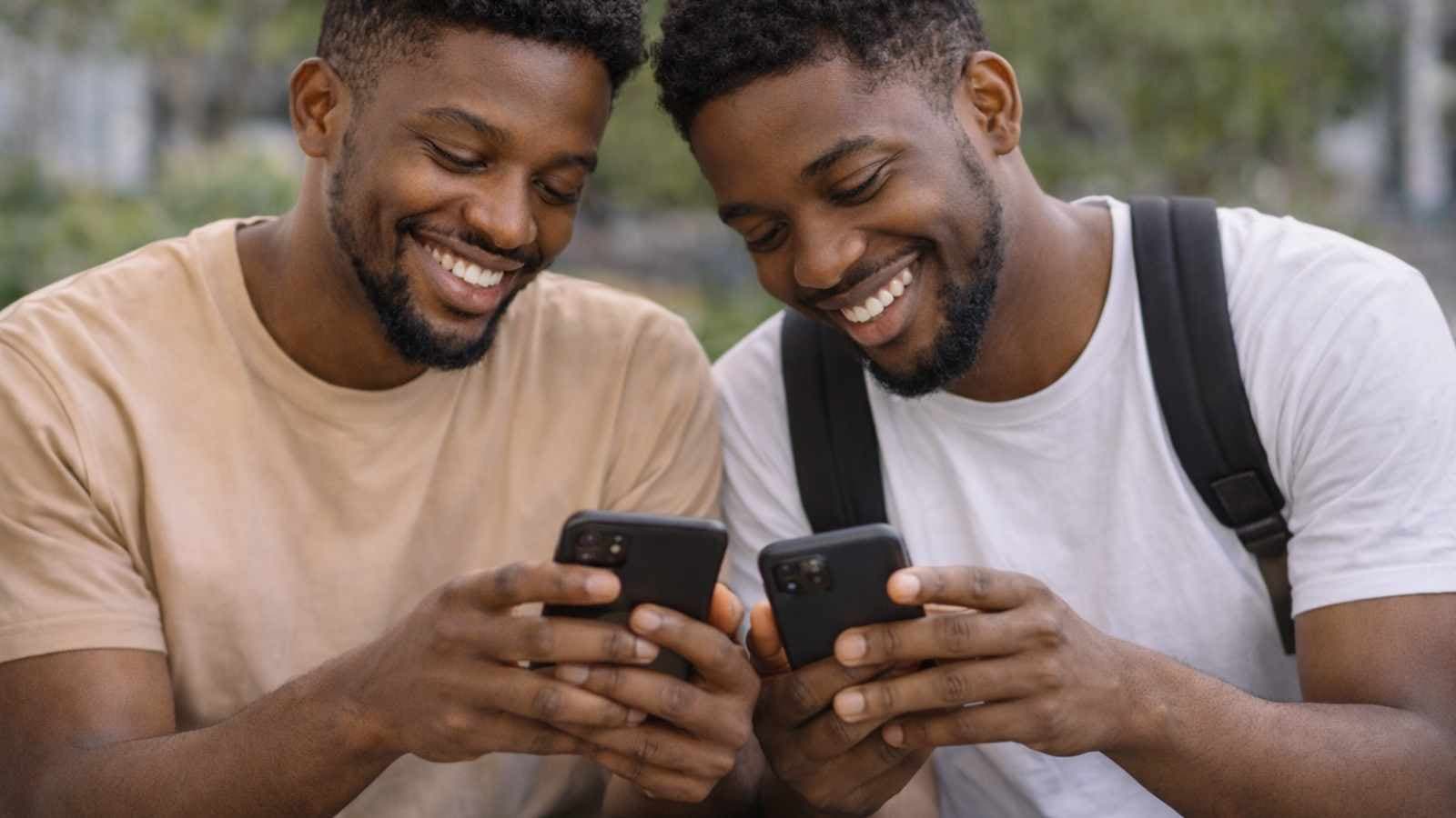 Two students comparing phones while preparing to find compatible roommates.